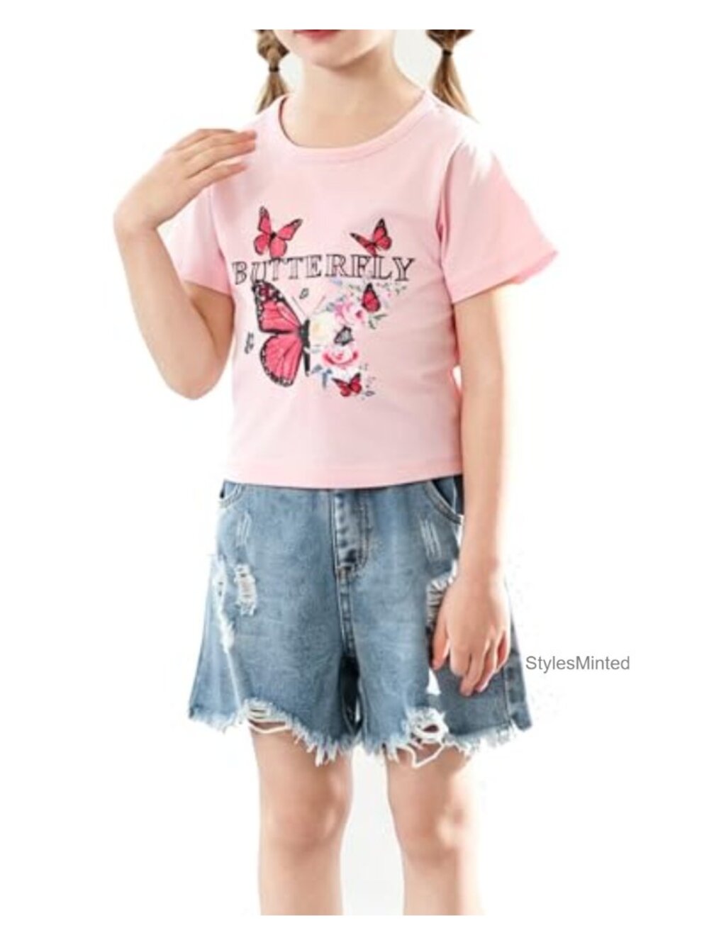 Girls 2 Piece Set Butterfly Print T-Shirt Ripped Denim Shorts Summer Outfit